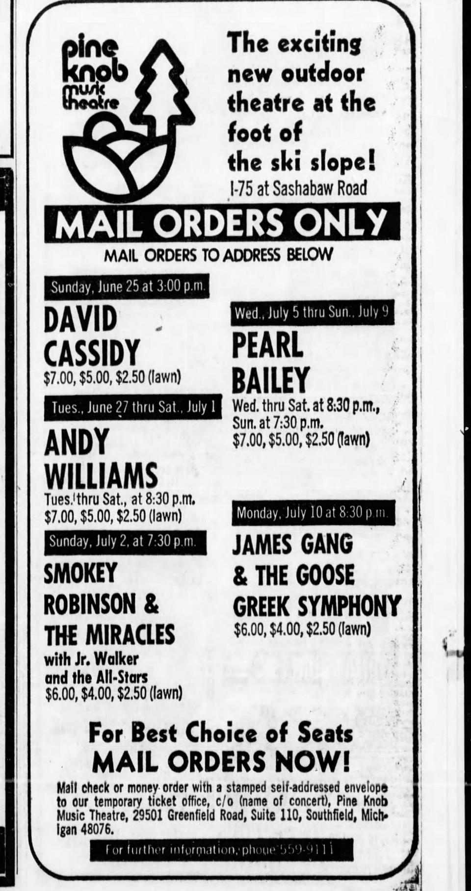 A Pine Knob Music Theatre ad on May 28, 1972, spotlighted the new venue's upcoming concerts.