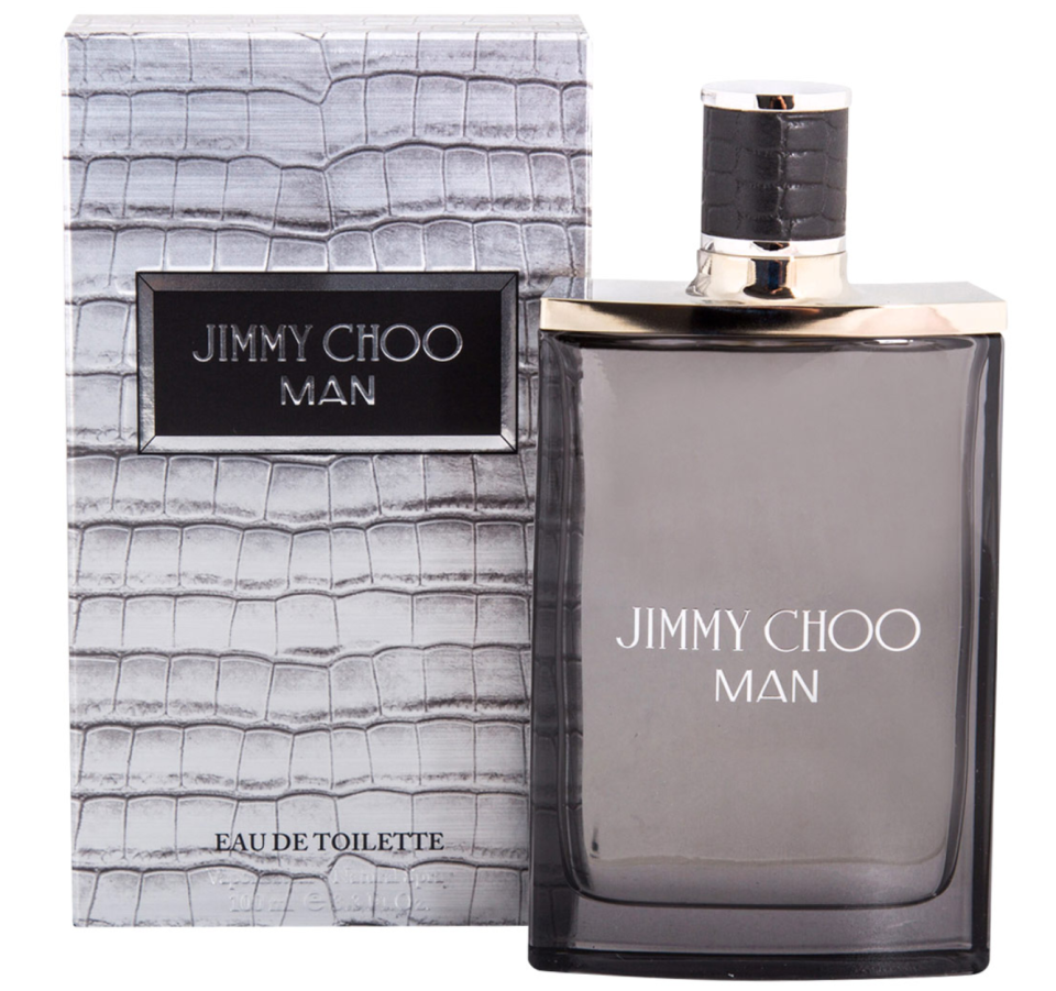 Package and Bottle of Jimmy Choo Man on a white background, the package is styled in a crocodile leather pattern