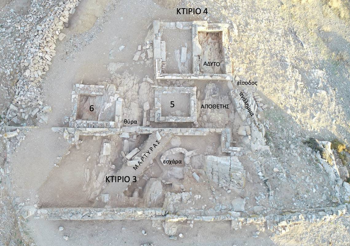 The ruined sanctuary complex as seen from above with building No. 3, No. 4, No. 5 and No. 6 labeled.