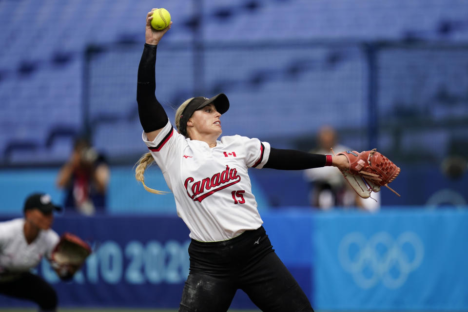 Canada's Danielle Lawrie pitches during a softball game against Italy at Yokohama Baseball Stadium during the 2020 Summer Olympics, Monday, July 26, 2021, in Yokohama, Japan. (AP Photo/Matt Slocum)