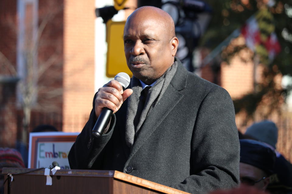 Mike Jones, an attorney who has been representing Maryland's four historically black colleges in a federal lawsuit, speaks to students and alumni of HBCUs during a rally in Annapolis, Maryland, on Wednesday, Nov. 13, 2019. Supporters of HBCUs are calling on the state to settle the 13-year-old lawsuit for at least $577 million. (AP Photo/Brian Witte)