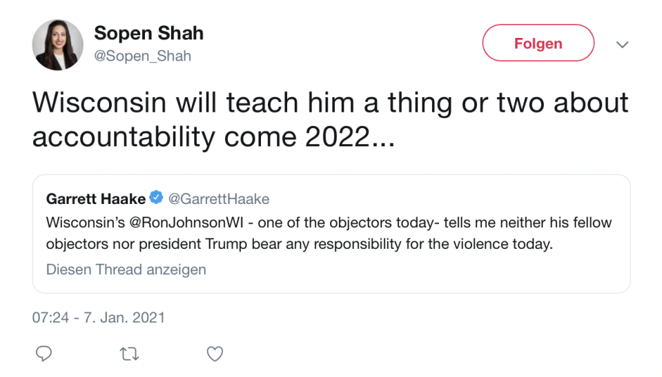Nominee for U.S. Attorney Sopeh Shah reacts on Twitter to Sen. Johnson's comment on violence at the Capitol.