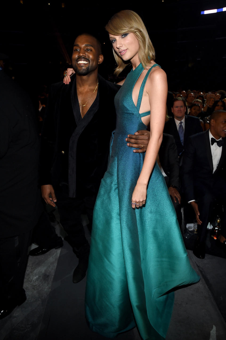 Kanye West and Taylor Swift pose for a photo together at the 2015 Grammys.&nbsp; (Photo: Larry Busacca via Getty Images)