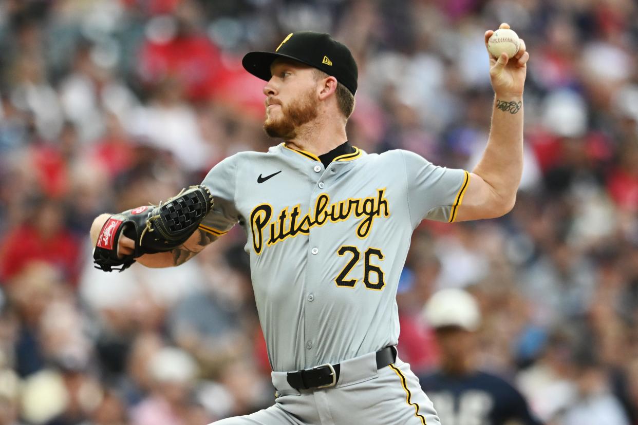 Aug 30, 2024; Cleveland, Ohio, USA; Pittsburgh Pirates starting pitcher Bailey Falter (26) throws a pitch during the first inning against the Cleveland Guardians at Progressive Field. Mandatory Credit: Ken Blaze-USA TODAY Sports