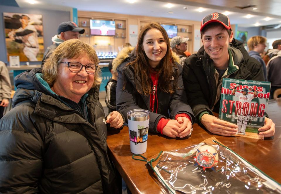 Teacher Deb Gilmartin from Haverhill, with her daughter and son-in-law Kelly Lesiczka and Cory Vescera of Boylston, came to Polar Park for Teacher Appreciation Day Thursday.