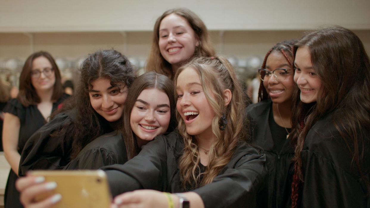 The teens elected to the Missouri Girls State mock Supreme Court take a celebratory selfie in the documentary "Girls State."