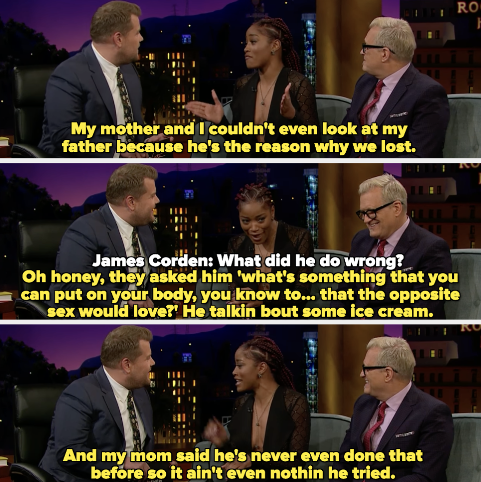 Keke Palmer talking to James Corden and Drew Carey about how her dad cost them the game of family feud by giving a silly answer