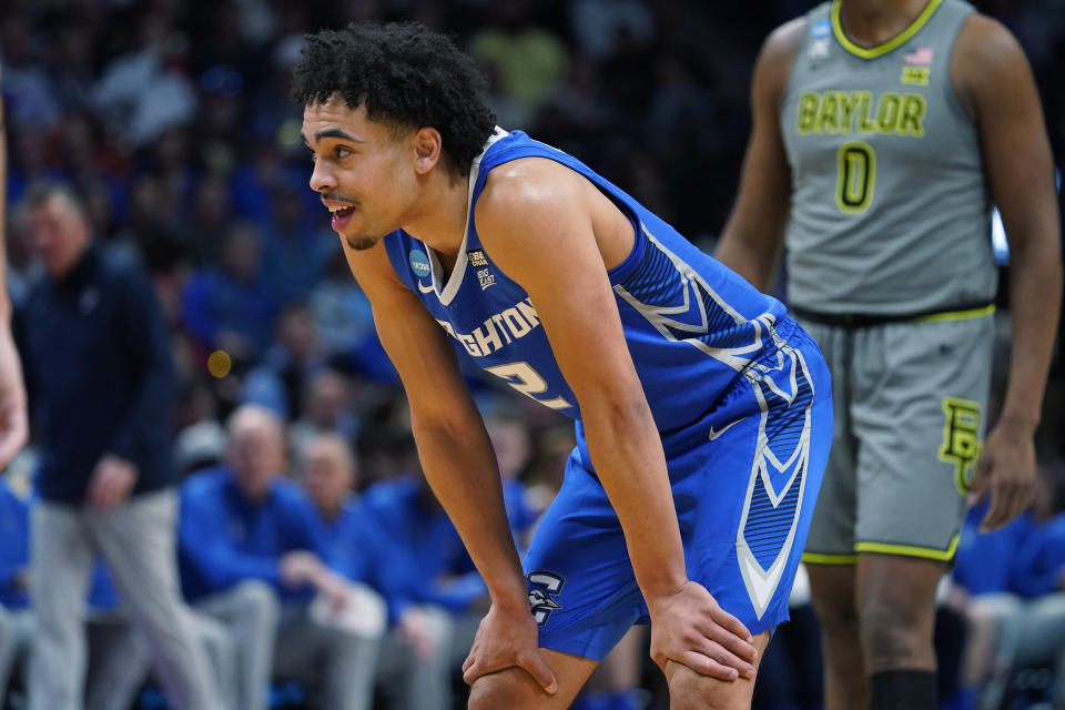 Creighton guard Ryan Nembhard paues during a break in the second half of the team's second-round college basketball game against Baylor in the men's NCAA Tournament on Sunday, March 19, 2023, in Denver. (AP Photo/John Leyba)