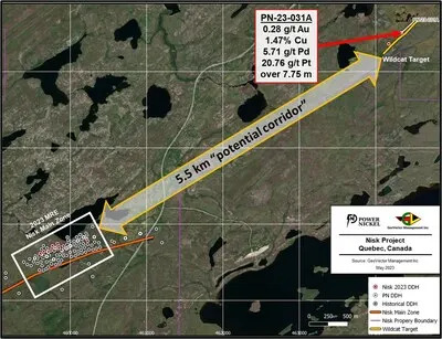 Figure 2: Plan view showing the location the “Wild Cat” target area with respect to Nisk Main. (CNW Group/Power Nickel Inc.)