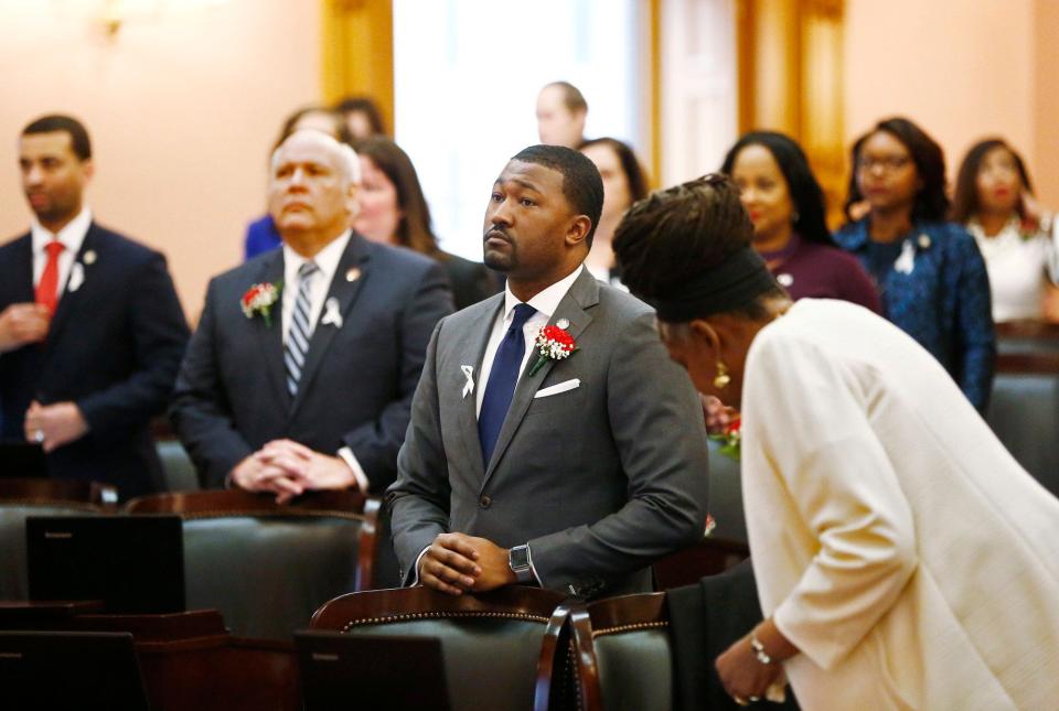 Rep. Terrence Upchurch (D-Cleveland), center of photo, photographed January 7, 2019 during opening day ceremonies at the Ohio House of Representatives. [Fred Squillante/Dispatch]