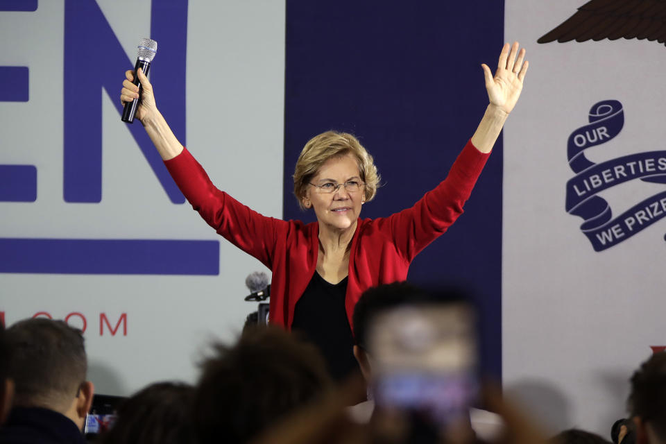 Democratic presidential candidate Sen. Elizabeth Warren, D-Mass., gestures on stage at a Get Out the Caucus Rally at Simpson College in Indianola, Iowa, Sunday, Feb. 2, 2020. (AP Photo/Gene J. Puskar)