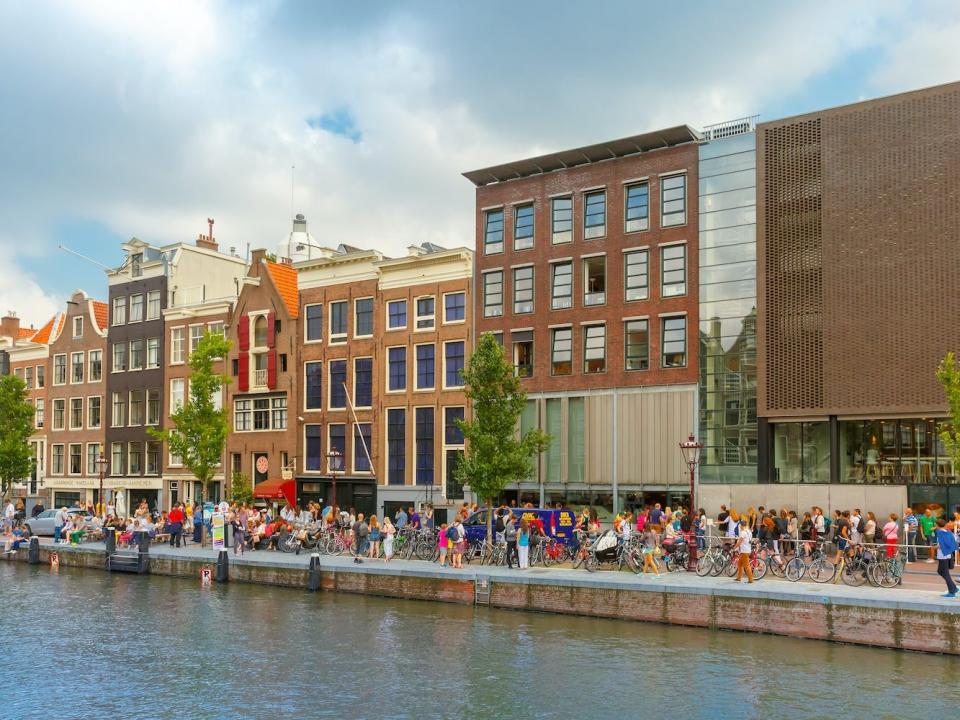 Tourists in line at the Anne Frank House in Amsterdam, the Netherlands.