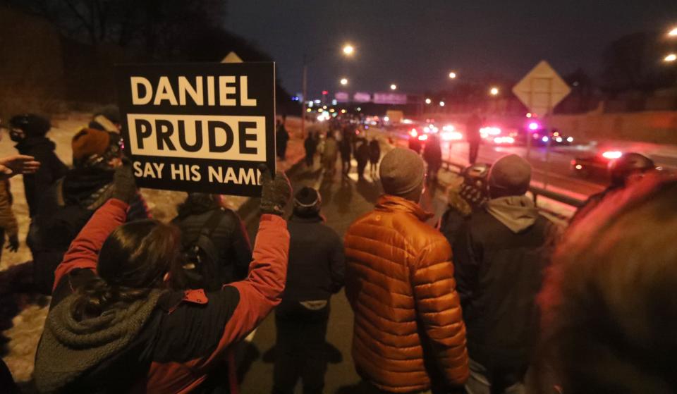 Protesters march around Rochester, N.Y., in  2021.