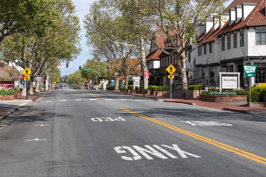 An empty Mission Drive in Solvang, California is photographed on on April 19, 2020 (Getty Images)