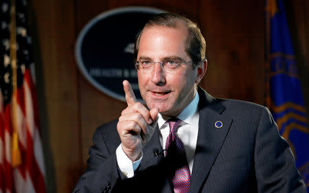 FILE PHOTO: U.S. Health and Human Services Secretary Alex Azar speaks during an interview with Reuters in Washington, U.S., August 17, 2018. REUTERS/Kevin Lamarque/File Photo