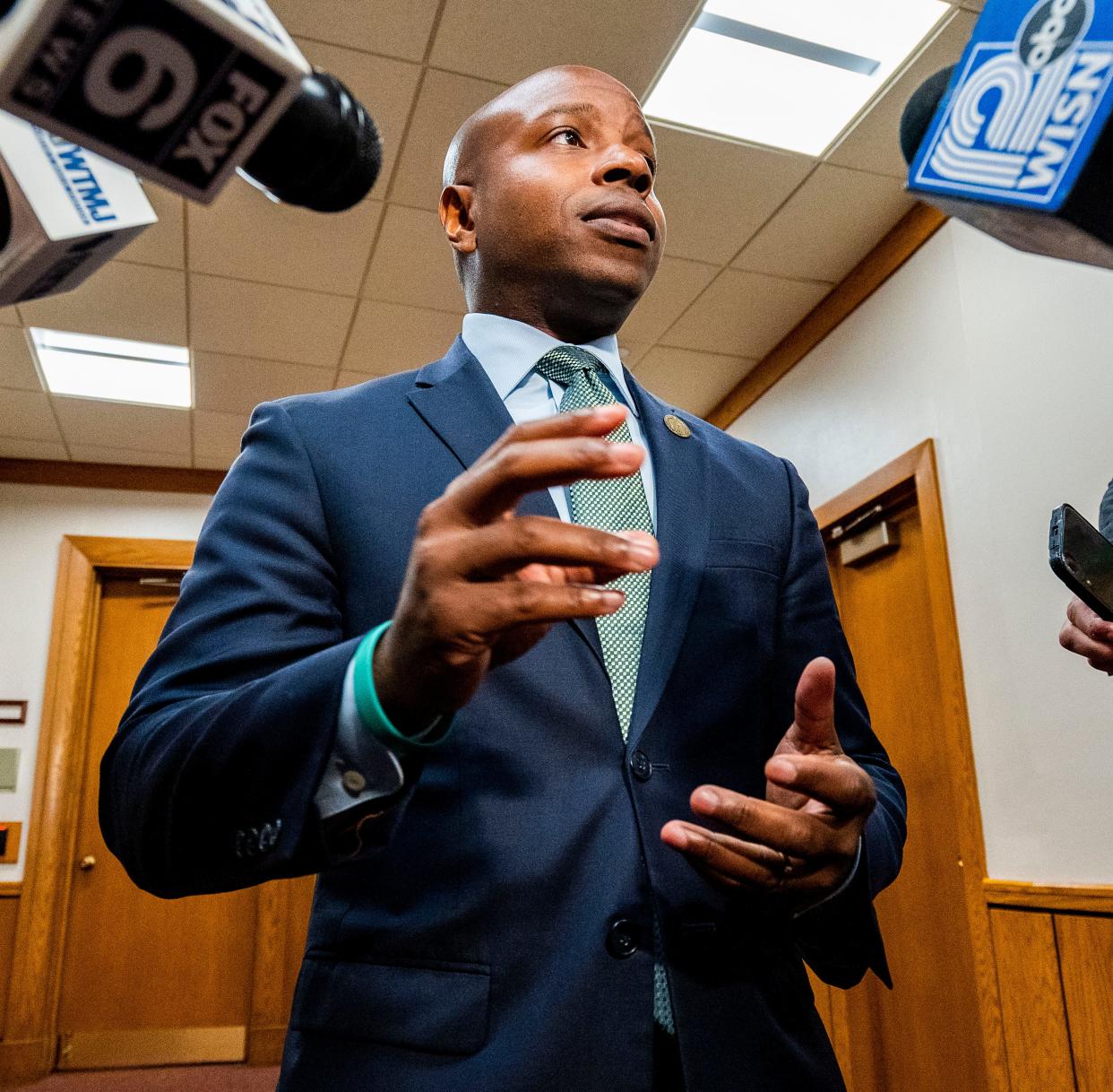 Mayor Cavalier Johnson answers questions from the press after delivering his budget address to the members of the Milwaukee Common Council on Tuesday September 19, 2023 at Milwaukee City Hall in Milwaukee, Wis.