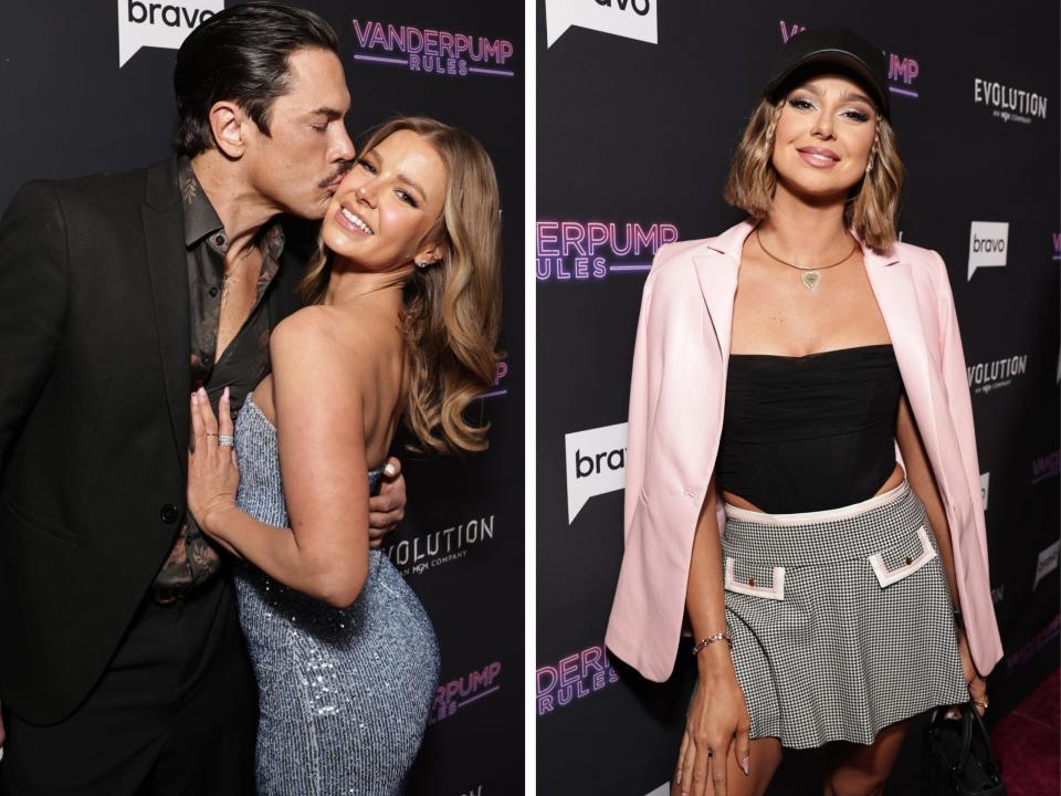 Side-by-side photos show Tom Sandoval kissing Ariana Madix on the cheek (left), and Raquel Leviss standing solo in the photo on the right.