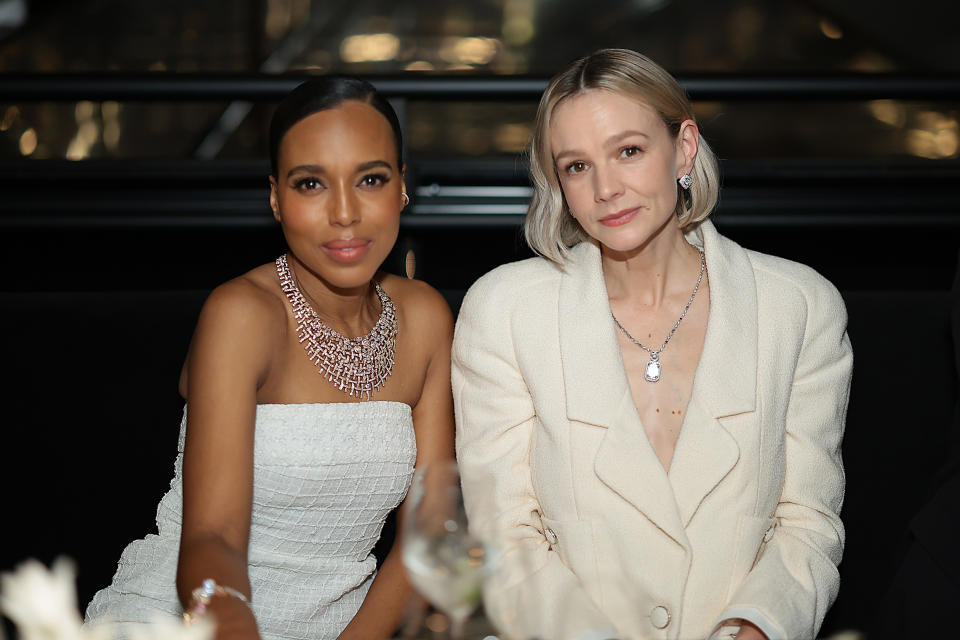 NEW YORK, NEW YORK - FEBRUARY 07: Kerry Washington and Carey Mulligan, both wearing CHANEL, attend the CHANEL Dinner to celebrate the Watches & Fine Jewelry Fifth Avenue Flagship Boutique Opening on February 07, 2024 in New York City. (Photo by Dimitrios Kambouris/WireImage)