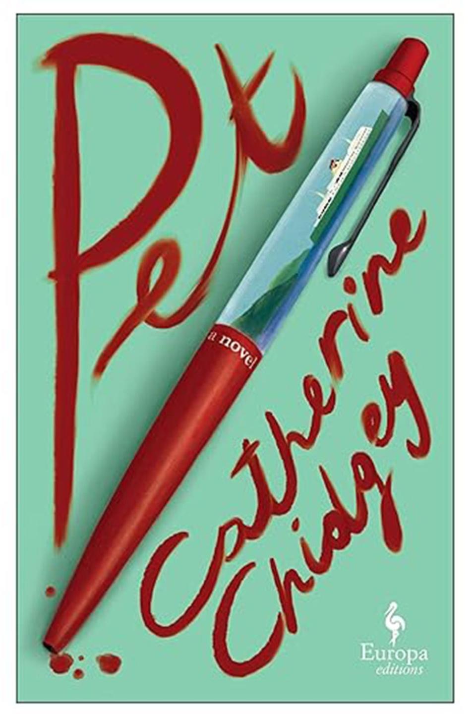 A book jacket has a red pen that looks like the ink is blood.