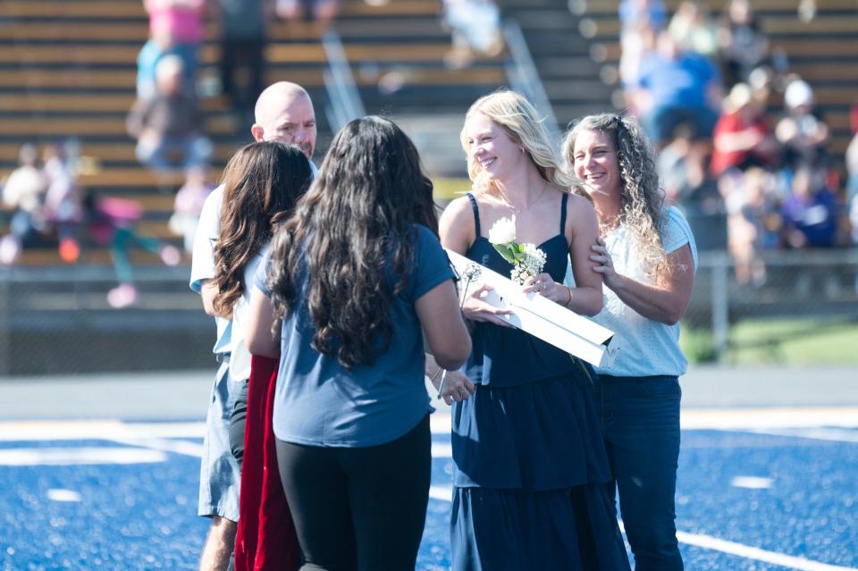 St. Philip senior Makenzee Grimm is crowned homecoming queen during halftime at a game against Athens at C.W. Post Field on Saturday, Sept. 23, 2023.