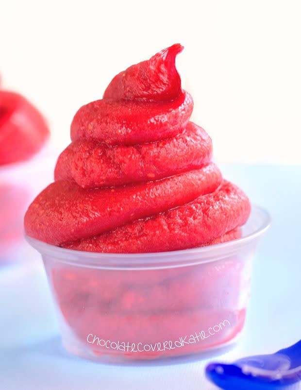 <p>Dessert can be totally keto-friendly when fruit has the starring role, and this dole whip made with frozen berries is the perfect healthy end to your day.</p><p><em>Per serving: 17 calories, 0.3 g fat, 4 g carbs, 1 g fiber, 0.4 g protein</em></p><p><a class="link " href="https://chocolatecoveredkatie.com/2015/04/23/strawberry-dole-whip-recipe/" rel="nofollow noopener" target="_blank" data-ylk="slk:Get the recipe;elm:context_link;itc:0">Get the recipe</a></p>
