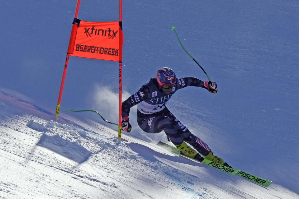 United States' Steven Nyman races around a flag during a men's World Cup downhill training run Wednesday, Nov. 30, 2022, in Beaver Creek, Colo. (AP Photo/Robert F. Bukaty)