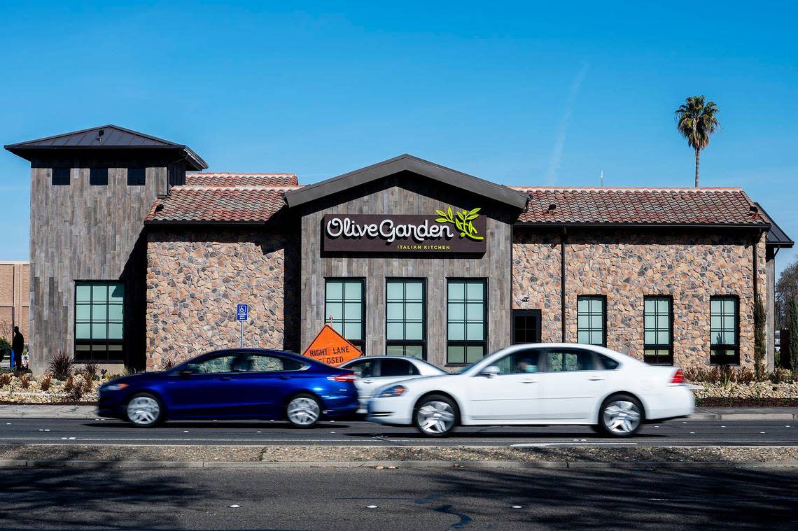 Work continues on the Olive Garden restaurant located along West Olive Avenue next to the Merced Mall in Merced, Calif., on Tuesday, Feb. 7, 2023. The restaurant is scheduled to open on March 6.