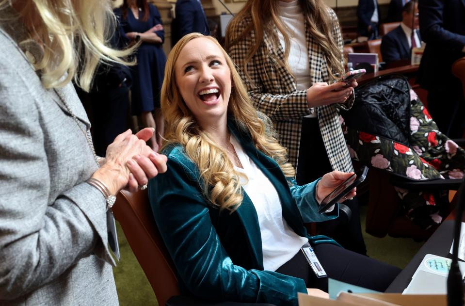 Rep. Candice Pierucci, R-Herriman, laughs while chatting on the first day of the general legislative session in the House chamber at the Capitol in Salt Lake City on Tuesday, Jan. 16, 2024. | Kristin Murphy, Deseret News