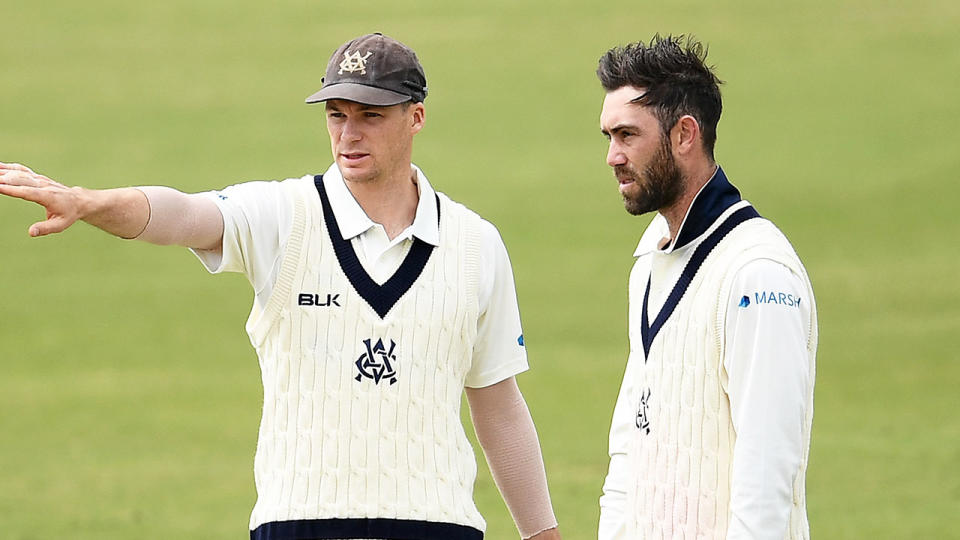 Peter Handscomb seen here with Victoria Sheffield Shield teammate Glenn Maxwell.