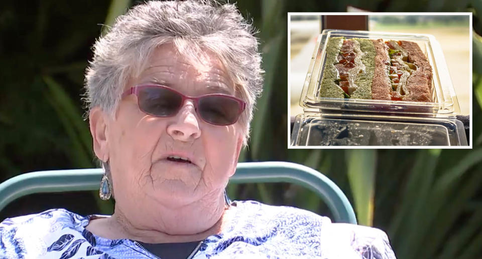 Kiwi grandmother June Armstrong pictured after she was fined $3,300 for bringing her chicken sandwich into Australia. Source: 1News / Getty