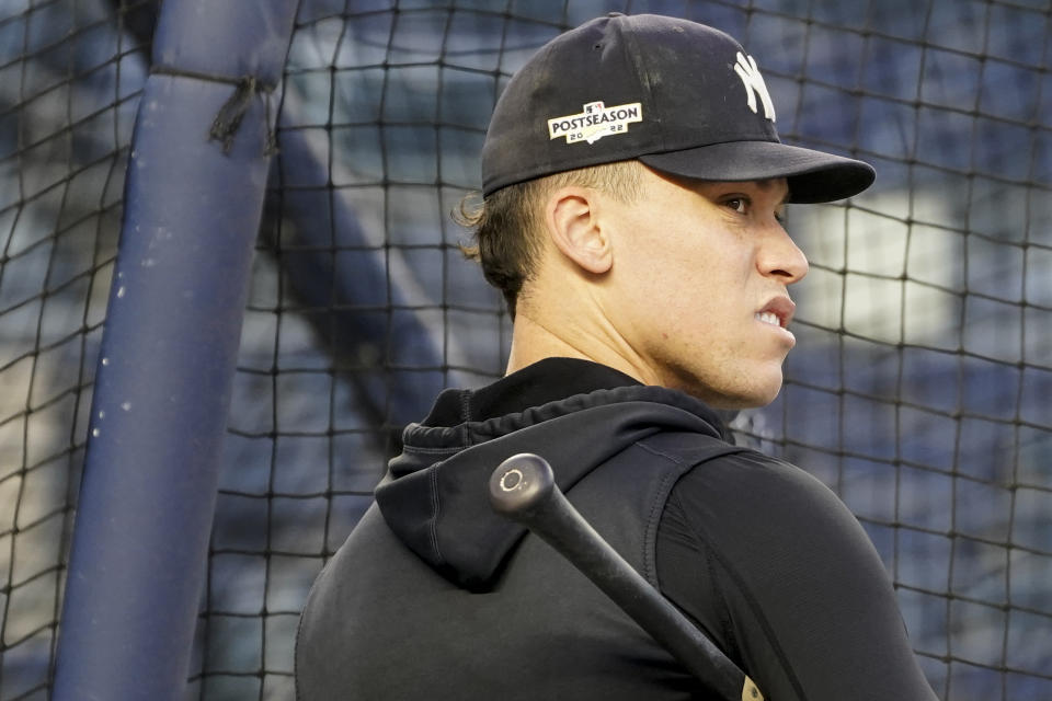 New York Yankees' Aaron Judge bats during a workout ahead of Game 1 of baseball's American League Division Series against the Cleveland Guardians, Monday, Oct. 10, 2022, in New York. (AP Photo/John Minchillo)