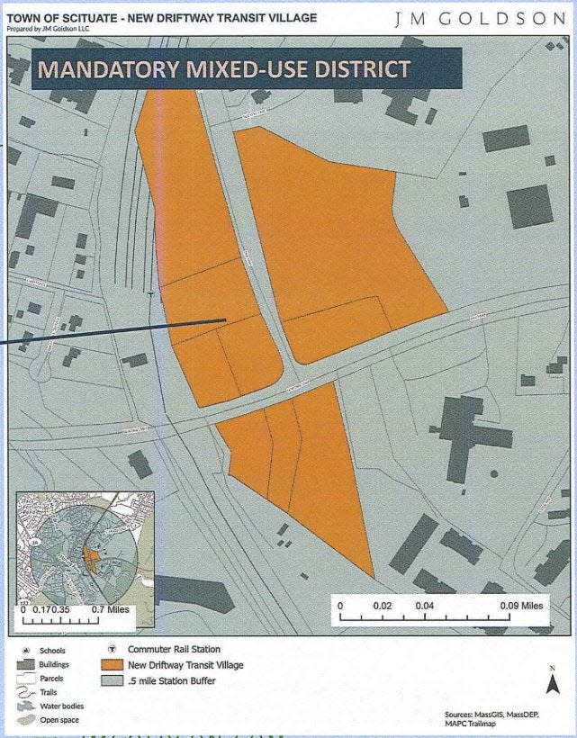 One of Scituate's two MBTA multifamily housing zoning overlay districts covers parcels near the Greenbush station of the Greenbush commuter rail line.