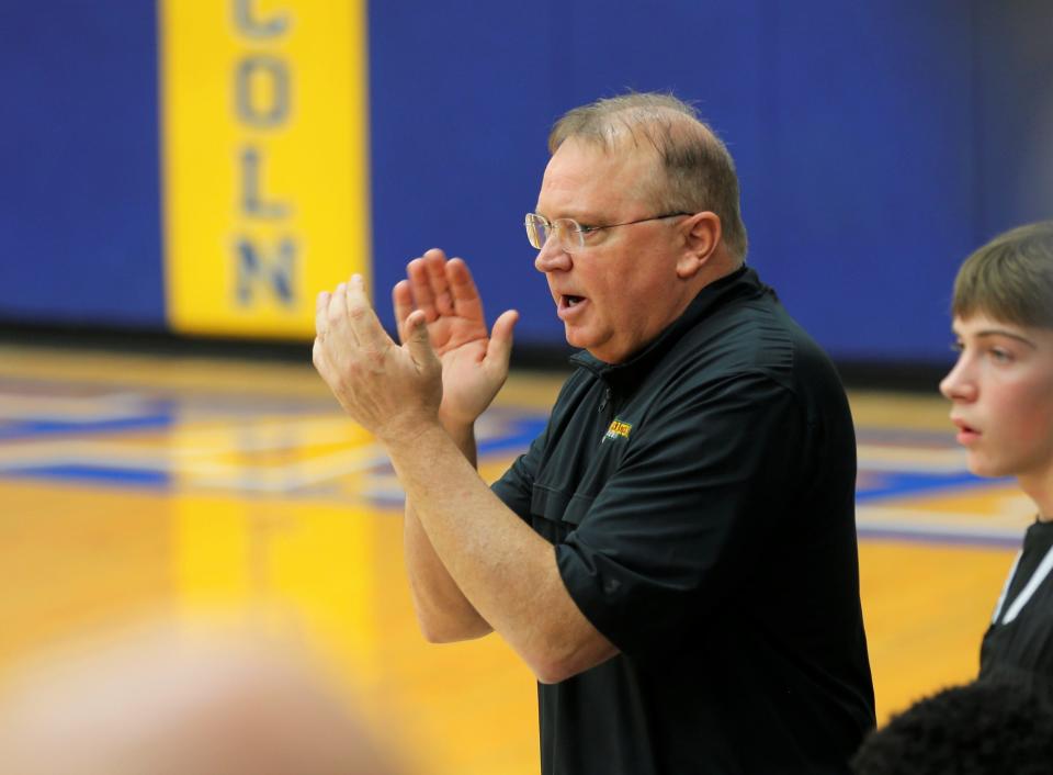 Northeastern head coach Brent Ross claps for his team during a game against Lincoln Jan. 26, 2023.