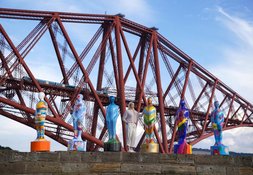 Some of the sculptures from the art installation Gratitude at The Forth Bridge at North Queensferry (Andrew Milligan/PA) (PA Wire)