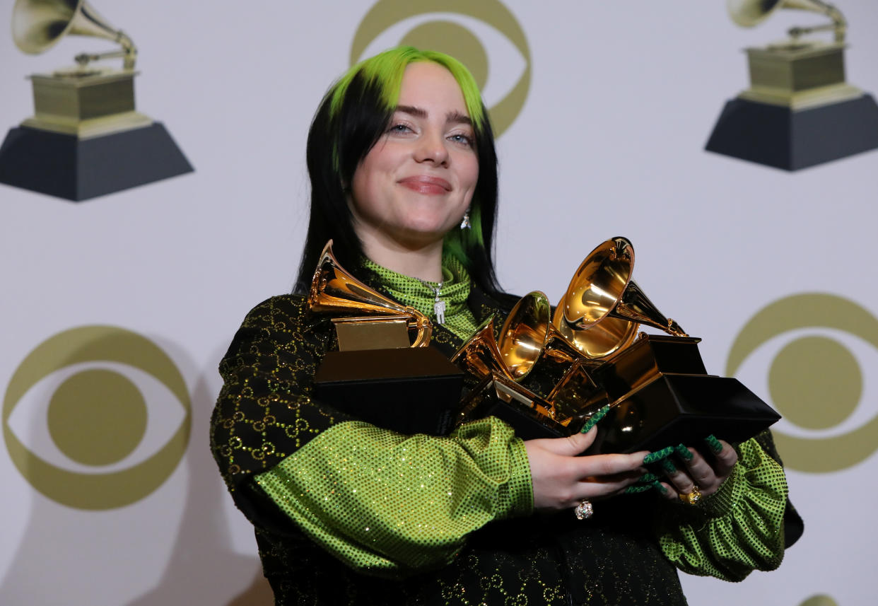 62nd Grammy Awards – Photo Room– Los Angeles, California, U.S., January 26, 2020 – Billie Eilish poses backstage with her awards to include Song of the Year for 