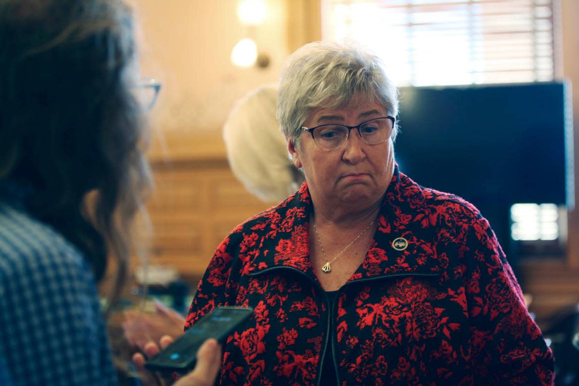 Kansas state Rep. Brenda Landwehr, R-Wichita, speaks with reporters following a legislative committee meeting on federal vaccine mandates on Oct. 29, 2021, at the Statehouse in Topeka.