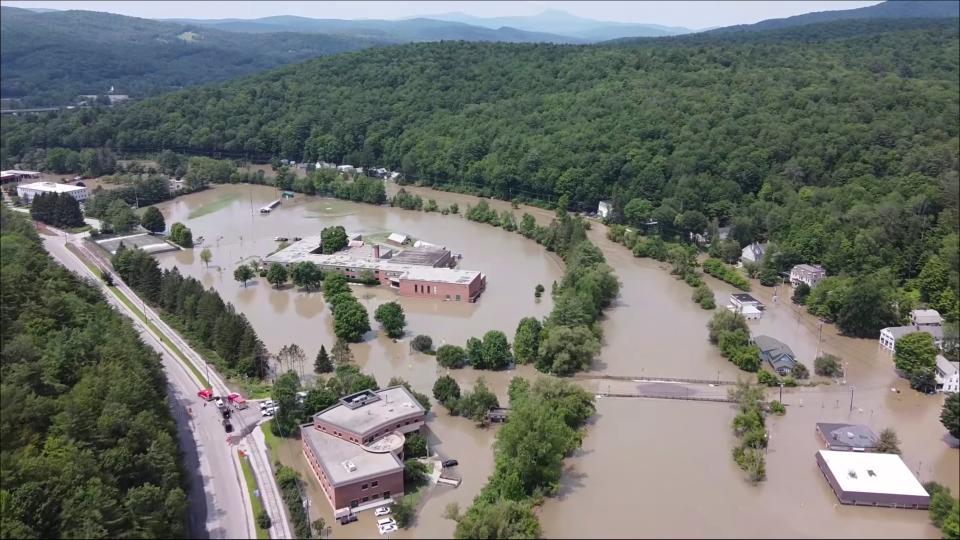 This image made from drone footage provided by the Vermont Agency of Agriculture, Food and Markets shows flooding in Montpelier, Vt., Tuesday, July 11, 2023. (AP)