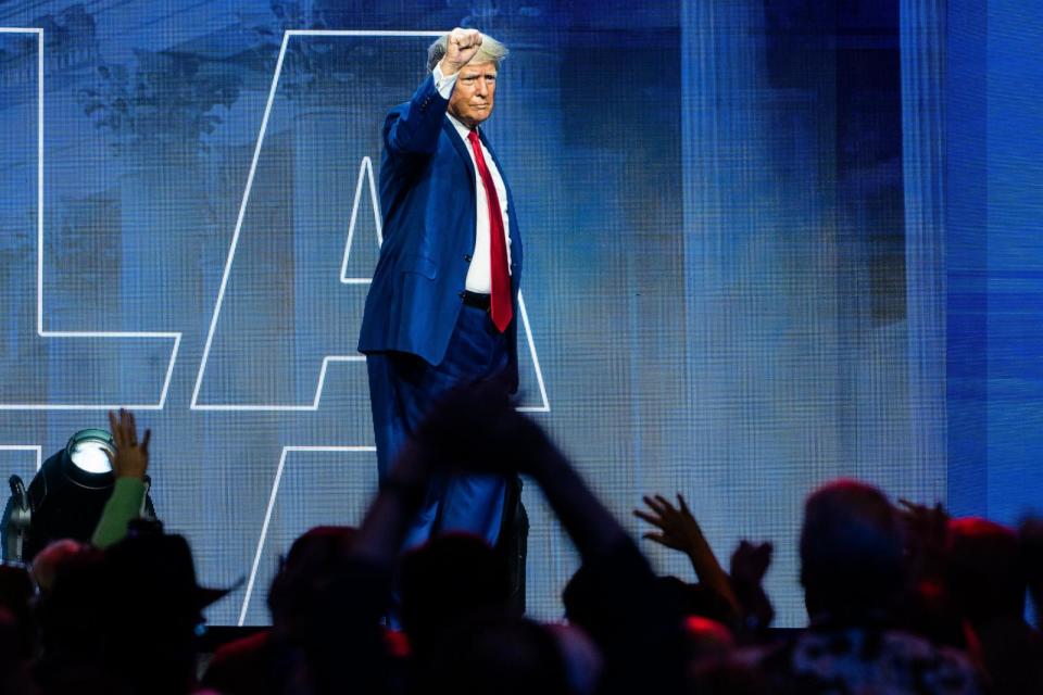 PHOTO: Former President Donald Trump following remarks during the National Rifle Association (NRA) annual convention Leadership Forum at the Indiana Convention Center in Indianapolis, April 14, 2023. (Demetrius Freeman/The Washington Post via Getty Images)