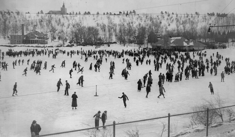 Hundreds of skaters take to the ice in this area called the Eastern Widewaters in Cobbs Hill Park in this circa 1930s photo.