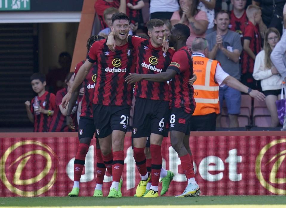 Kieffer Moore, left, celebrates his goal (Andrew Matthews/PA) (PA Wire)