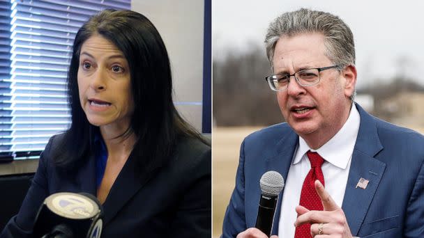 PHOTO: Michigan Attorney General Dana Nessel speaks during a news conference in Lansing, Mich. | Republican candidate for Michigan Attorney General Matt DePerno speaks in Washington Township, Mich. (David Eggert/AP, FILE | Junfu Han/USA Today Network, FILE)