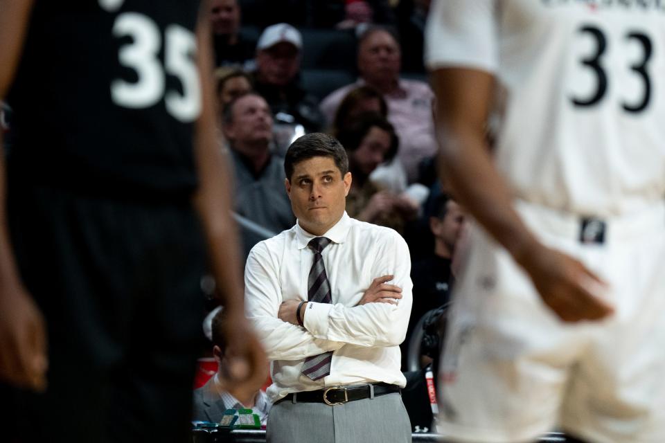 Cincinnati Bearcats head coach Wes Miller looks on in the second half of the men’s NCAA basketball game at Fifth Third Arena in Cincinnati on Thursday, Nov. 10, 2022. Cincinnati Bearcats defeated Cleveland State Vikings 69-58.