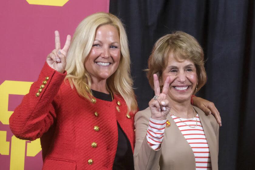 The Trojans' new athletic director Jennifer Cohen, left, and USC president Carol Folt.
