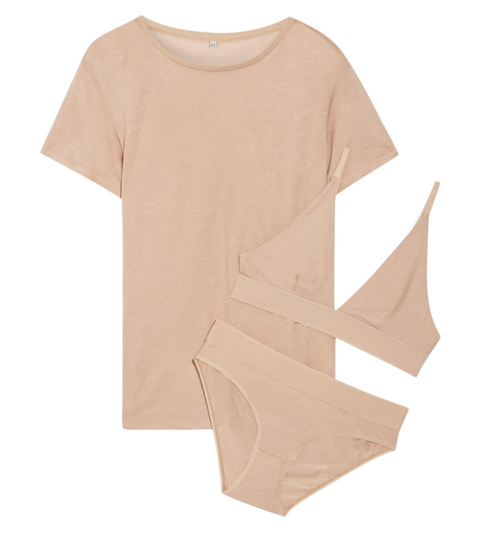 <p>Bamboo-Jersey T-Shirt, Soft-Cup Bra and Briefs Set in Cream by Baserange, $180, <a rel="nofollow noopener" href="https://www.net-a-porter.com/us/en/product/754485" target="_blank" data-ylk="slk:net-a-porter.com;elm:context_link;itc:0;sec:content-canvas" class="link "><u>net-a-porter.com</u></a>.</p>