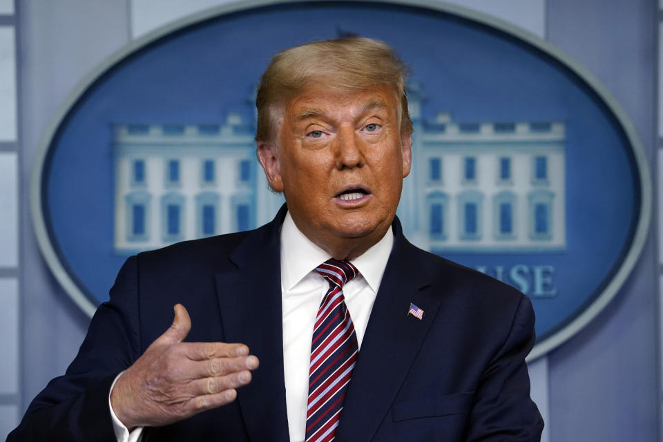 FILE - In this Thursday, Nov. 5, 2020, file photo, President Donald Trump speaks at the White House, in Washington. Although only a few of America's CEOs have made public statements about President Trump's refusal to accept his election loss, many are worried about it in private. (AP Photo/Evan Vucci, File)