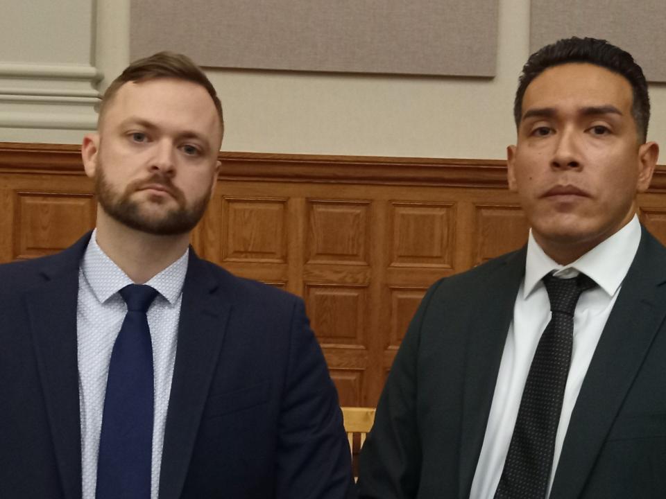 Detectives Matthew Thomas, left, and Michael Herrera spoke at Tuesday's sentencing of Trezjon R. Allen and Braylen J. Smallwood, who received sentences of 20 to 25.5 years for shooting at them on June 29. Herrera was hit by a bullet.