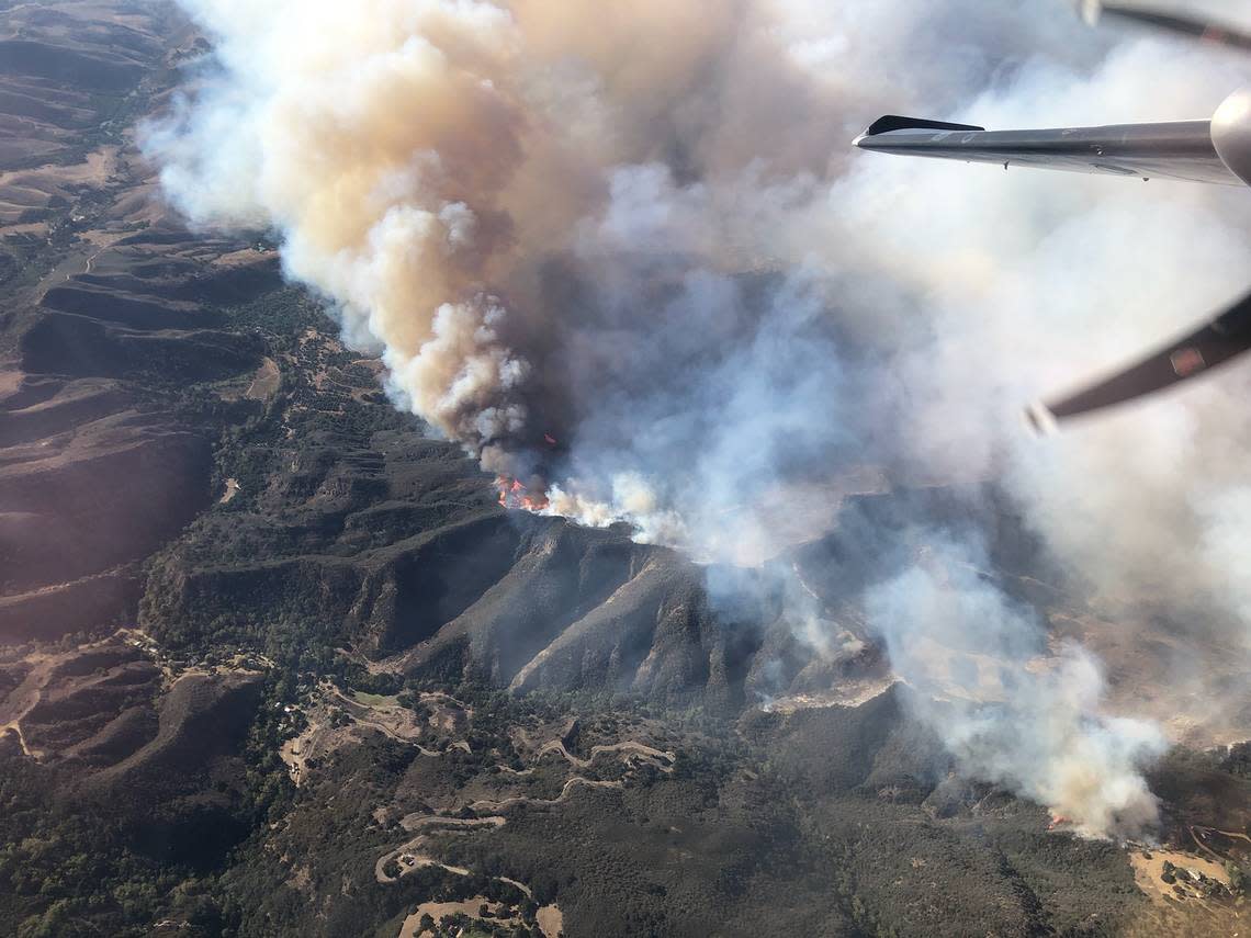 A aerial view shows the Alisal Fire burning in the hills north of Santa Barbara in October 2021.