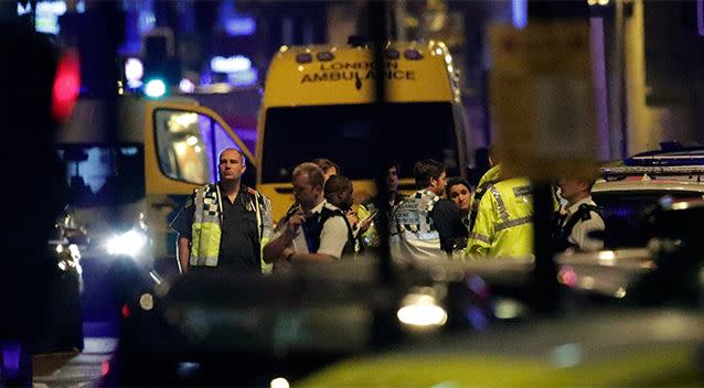 Emergency services at the scene of a van attack in front of a mosque in London. Photo: AP