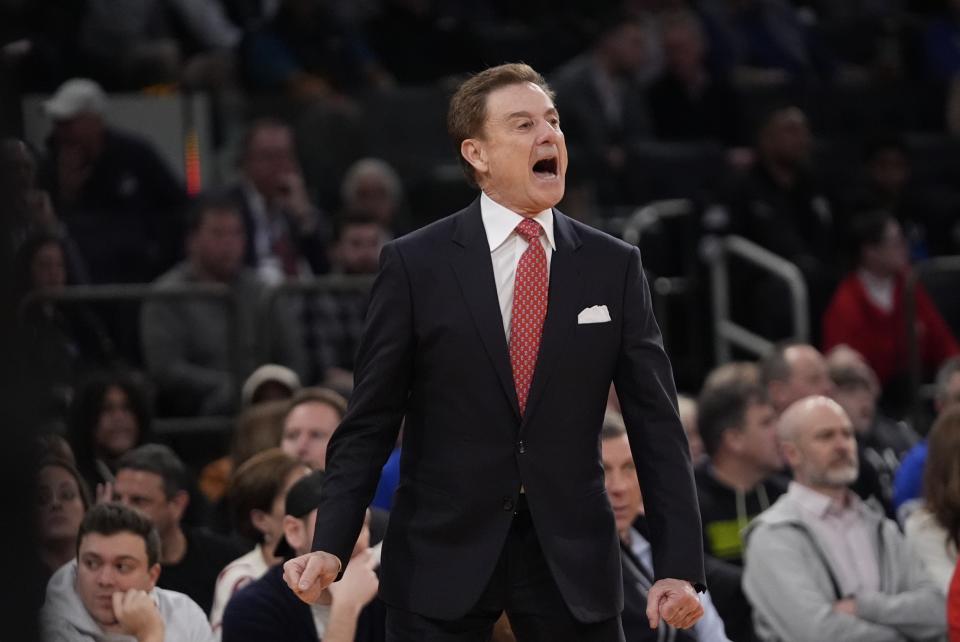 St. John's head coach Rick Pitino calls out to his team during the first half of an NCAA college basketball game against Seton Hall in the quarterfinal round of the Big East Conference tournament, Thursday, March 14, 2024, in New York. (AP Photo/Frank Franklin II)