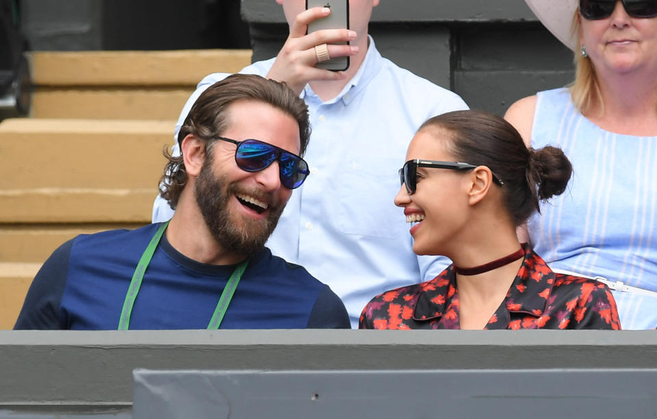 Bradley Cooper and Irina Shayk attend day eleven of the Wimbledon Tennis Championships at Wimbledon on July 08, 2016 in London, England.  (Photo by Karwai Tang/WireImage)